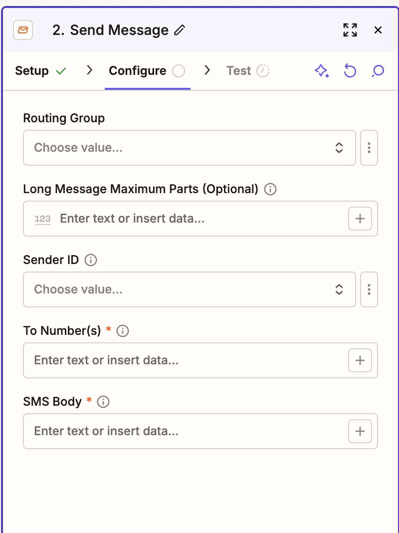 The Send Message Configure tab showing the Routing Group, Long Message Maximum Parts, Sender ID, To Number(s) and SMS Body fields