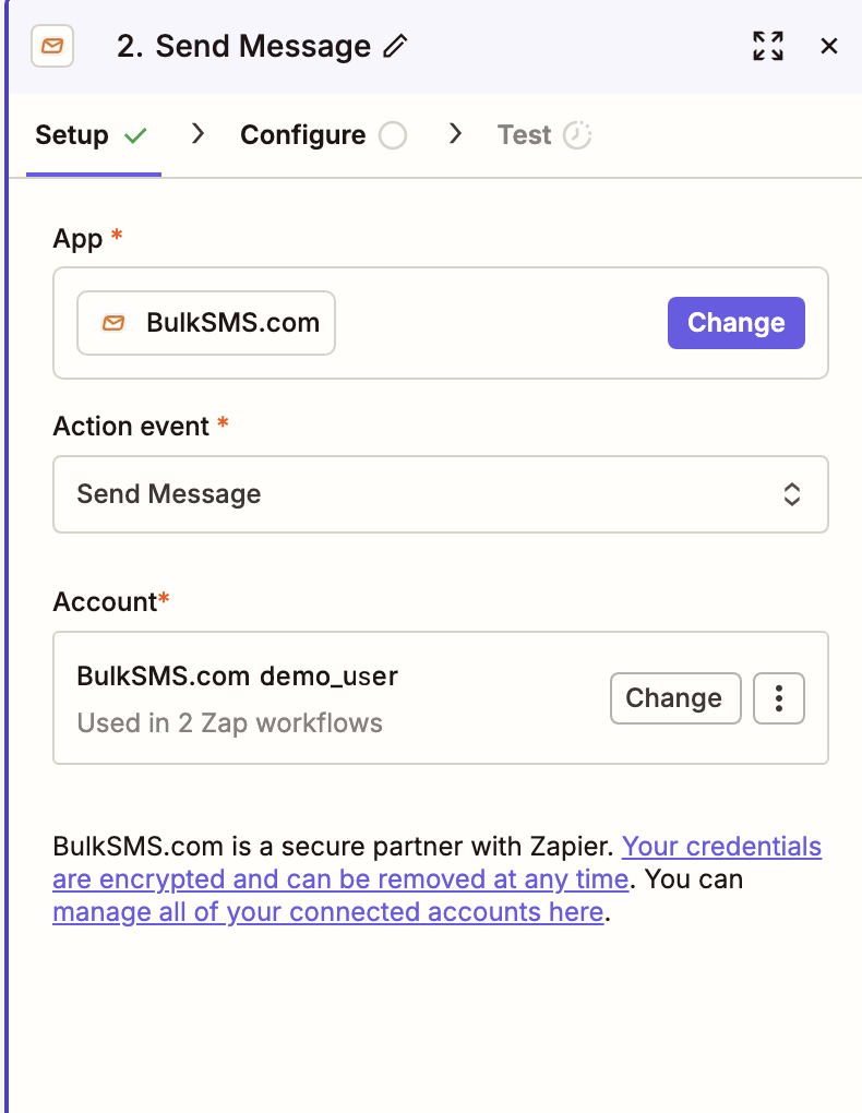 The Send Message Setup tab with BulkSMS.com selected as the app and Send Message as the action event