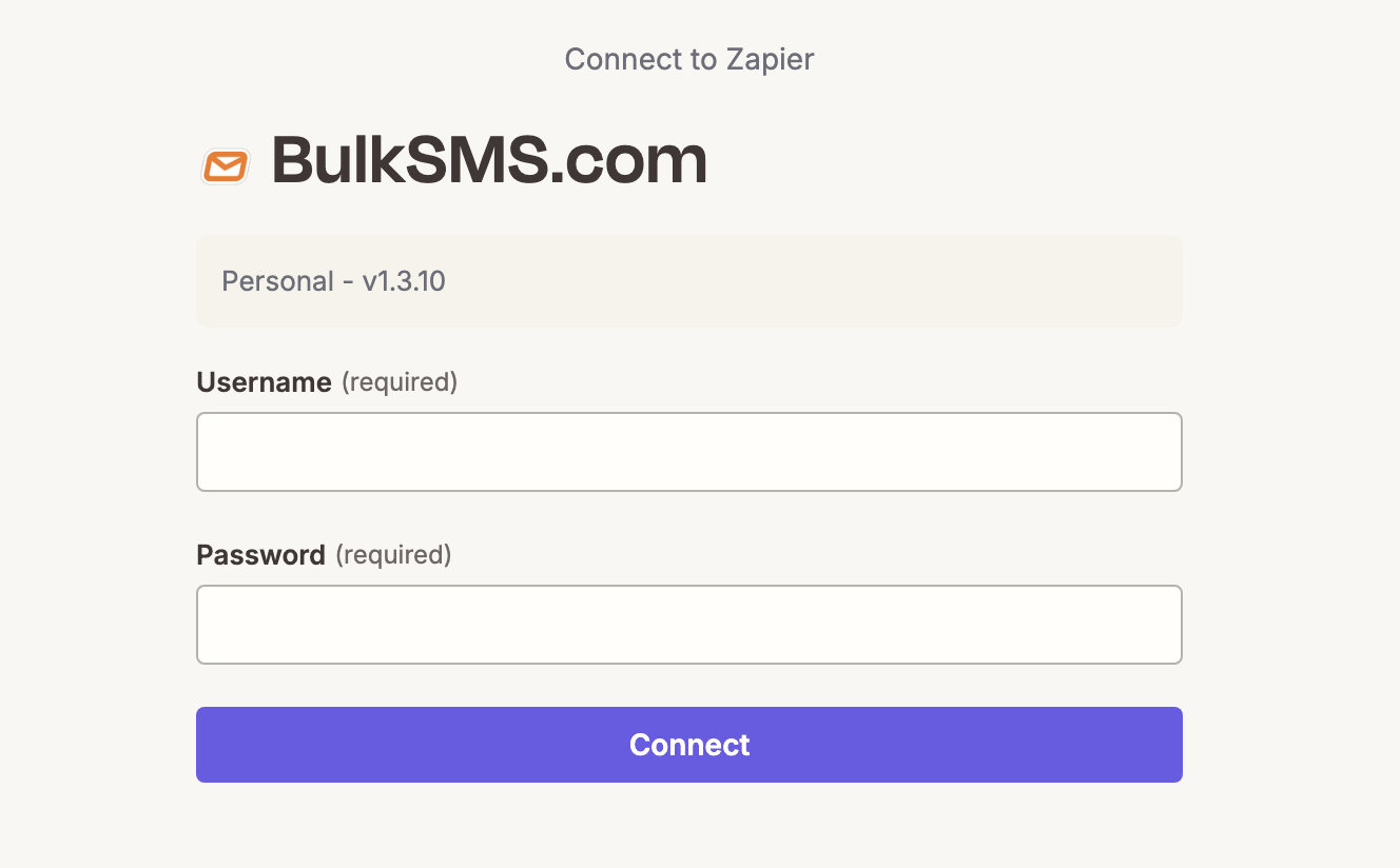 The BulkSMS.com Connect to Zapier window with Username and Password fields